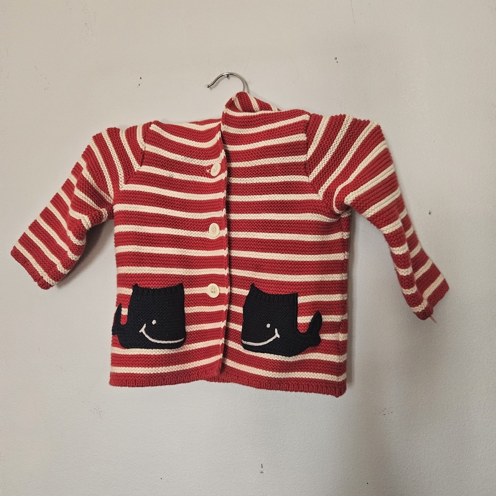 GAP Nautical Knit Striped Sweater Hooded Red White Coastal 6-12 Mos Whale Pocket